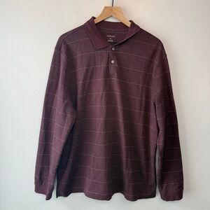 Van Heusen Men's Long Sleeve Polo Shirt Burgundy Checkered Print Size X-Large